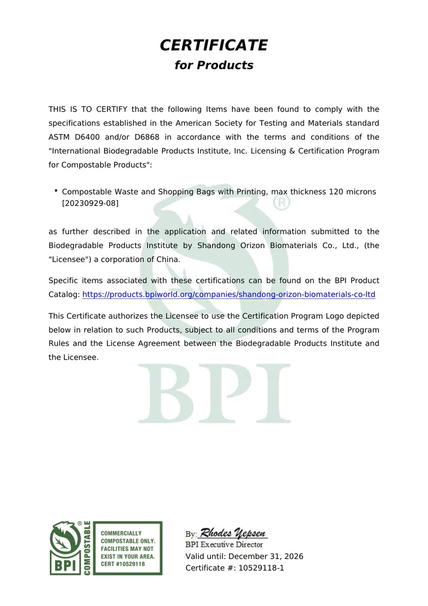 BPI compostable certificate preview
