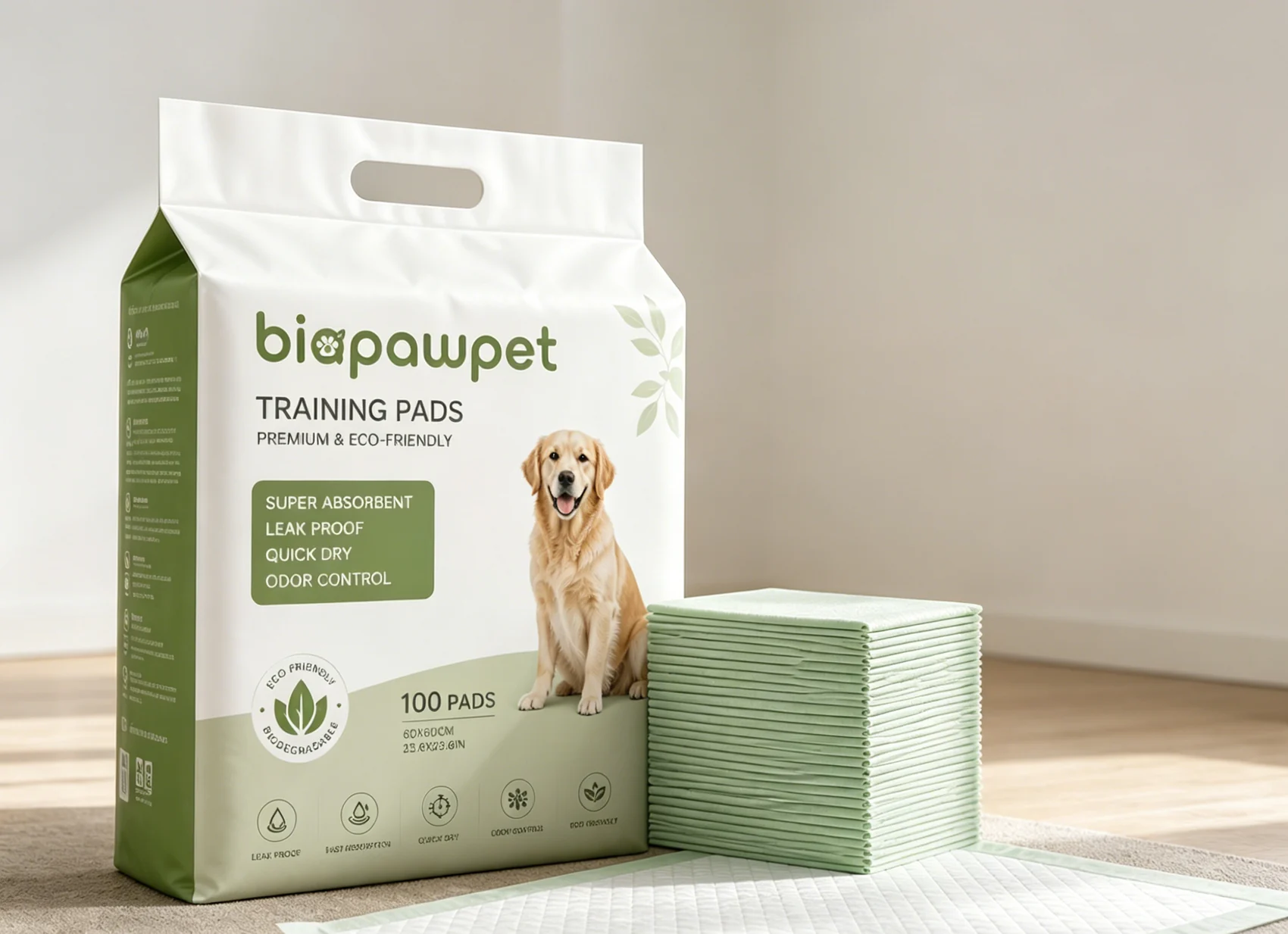 BioPawPet puppy pad packaging and absorbent pad