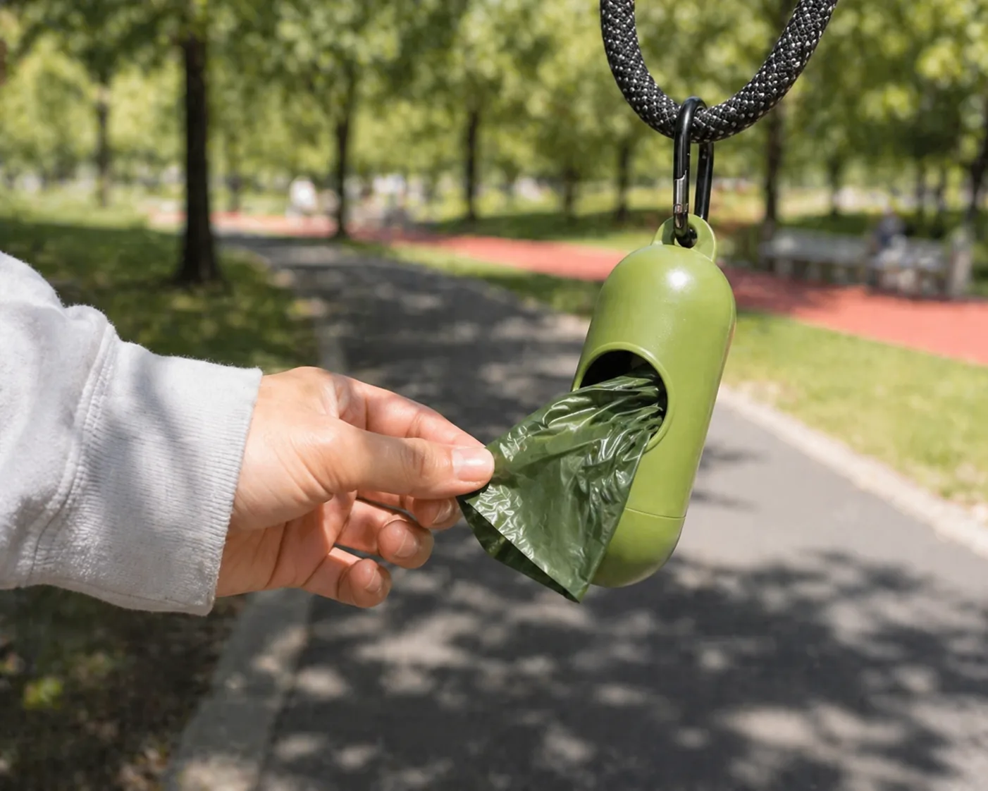 Poop bag dispenser in outdoor use